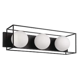Grayson 24.4 in. W x 6.89 in. H 3-Light Matte Black Bathroom Vanity Light with Open Frame and White Sphere Glass Shades