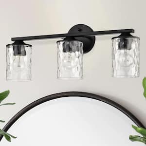 21 in. 3-Light Matte Black Modern Vanity Light with Hammered Clear Glass Shades