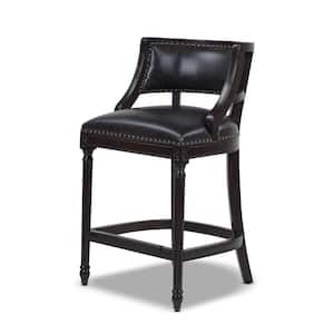 Paris 26 in. Black Brown Faux Leather Farmhouse Kitchen Counter Height Bar Stool with Backrest and Wood Frame