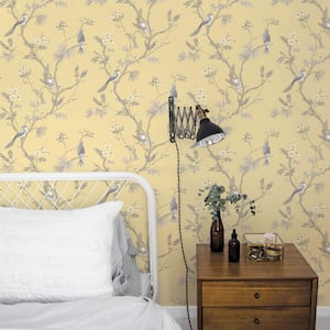 Secret Garden Yellow and Grey Garden Bird Trail Non-Woven Paper Non-Pasted Wallpaper Roll (Covers 57.75 sq.ft.)
