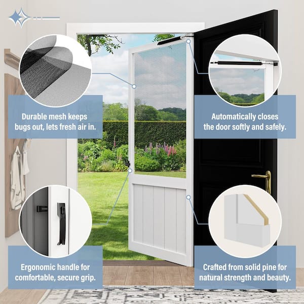 36 in. x 80 in. Universal Solid Pine Screen Door with Lock and Door Closer-Primed White, Hinged Panel Style, Gauze Mesh