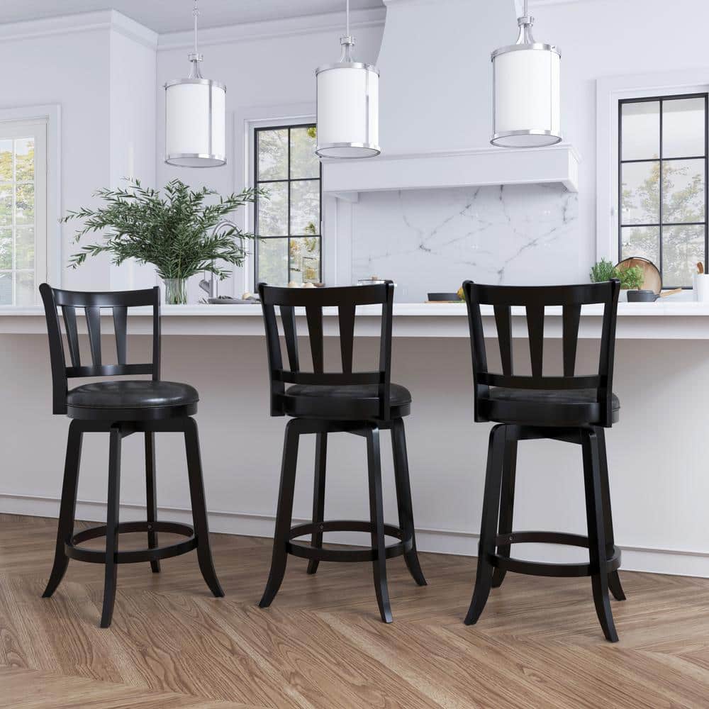 Black Wood and Faux Leather Swivel Counter Stool