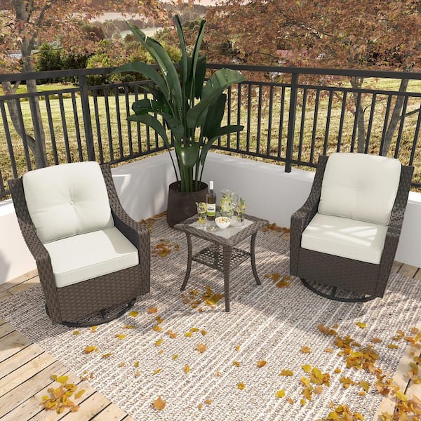 3-Piece Patio Wicker Conversation Set with Beige Cushions and Side Table