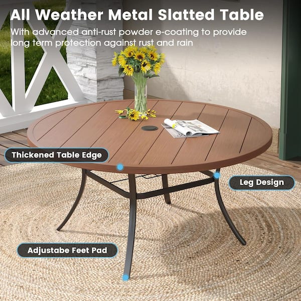 9-Piece Metal Outdoor Dining Set with 63 in. Walnut Round Table and 8 Brown Wicker Swivel Chairs with Cushions in Beige