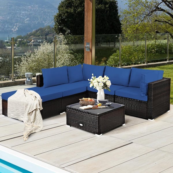 Liviza 6-Piece Wicker Outdoor Sectional Set with Navy Cushions and Tempered Glass Top Coffee Table