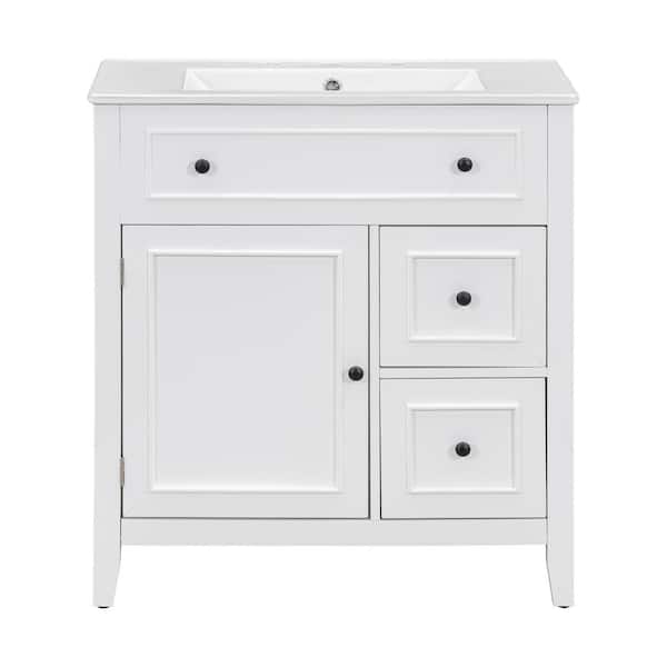 30.00 in. W x 18.30 in. D x 32.50 in. H Freestanding Bath Vanity in White with Ceramic Sink Top, Door and 2-Drawers