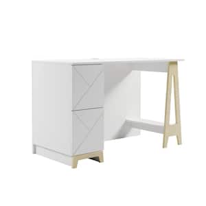 Atypik 48 in. Rectangular White and Plywood Wood 2-Drawer Computer Desk with Cable Management