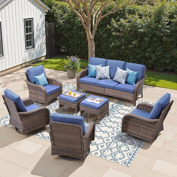 7-Piece Wicker Patio Conversation Set with Blue Cushions, Ergonomics Outdoor Chairs