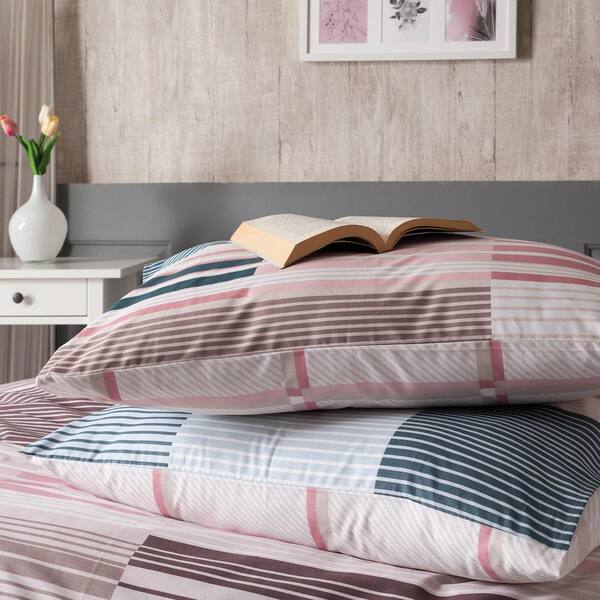 100% Brushed Cotton Modern Patchwork Duvet Cover Set Double Bed in Grey & Pink 