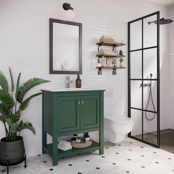 Manchester 30 in. Single Sink Shaker-Style Dark Green Bath Vanity with White Quartz Top and Integrated Sink