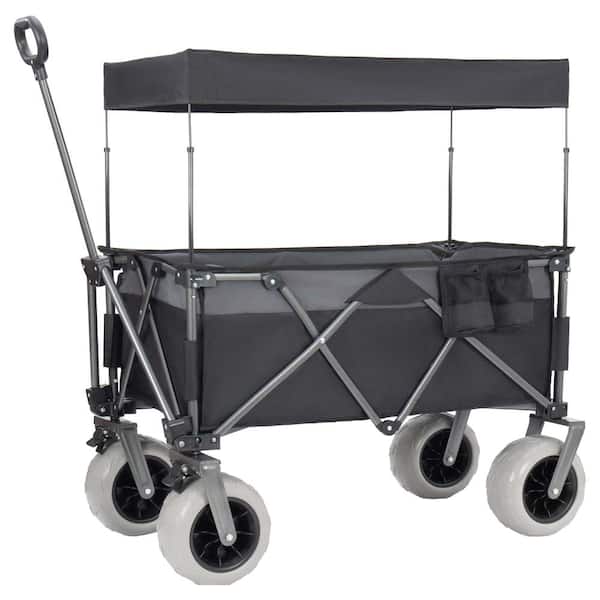 Multi-Functional Pull Folding Wagon Cart with Flexible Handle & Canopy, Heavy Duty Utility Cart with 9"x4" Beach Tires