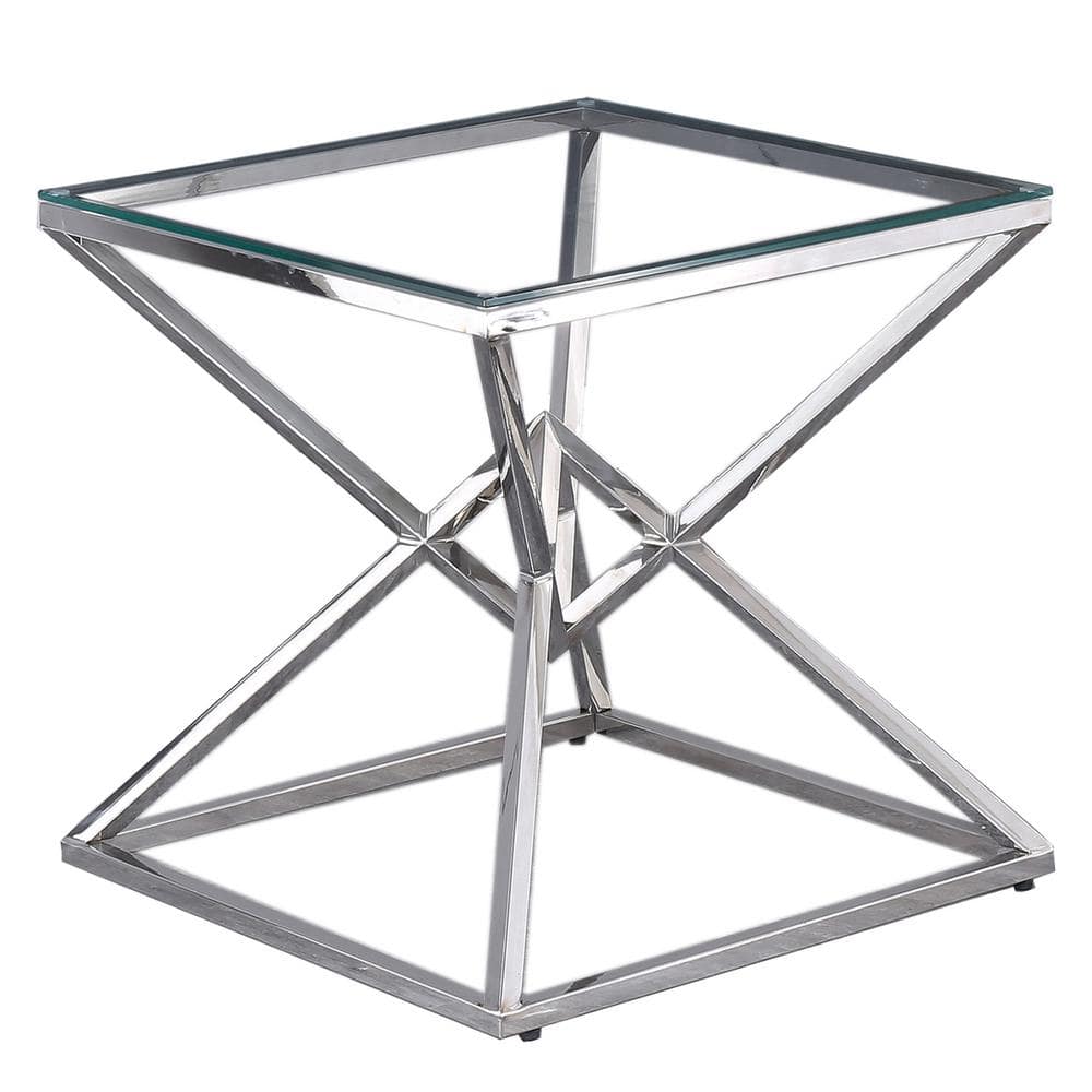 Silver Geometric Stainless Steel and Glass End Table
