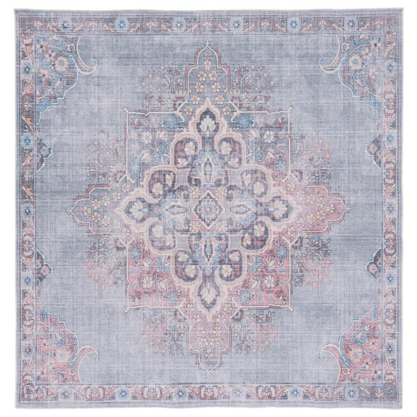 Serapi Ivory/Blue 7 ft. x 7 ft. Machine Washable Geometric Distressed Square Area Rug