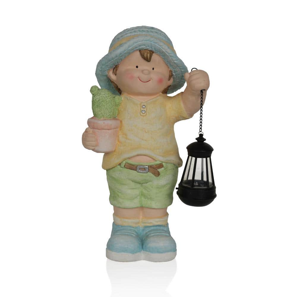 Solar Boy Statue Holding Lantern With LED Light