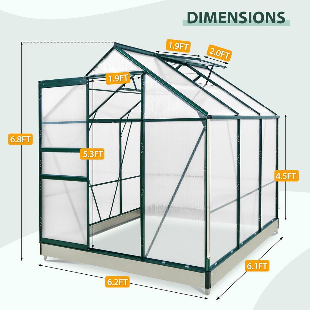 6.2 ft x 6.2 ft Walk-in Aluminum Frame Polycarbonate Hobby Greenhouse