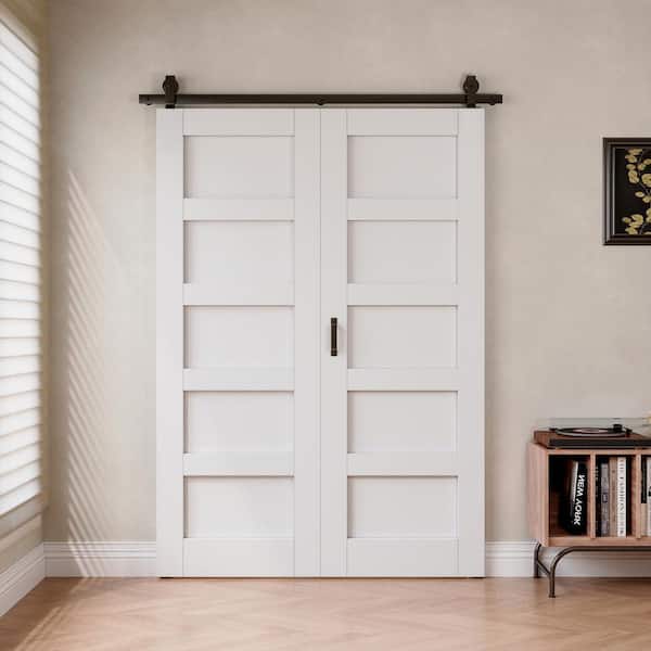 56 in. x 80 in. Paneled 5-Lite White Primed MDF Bifold Sliding Barn Door with Hardware Kit