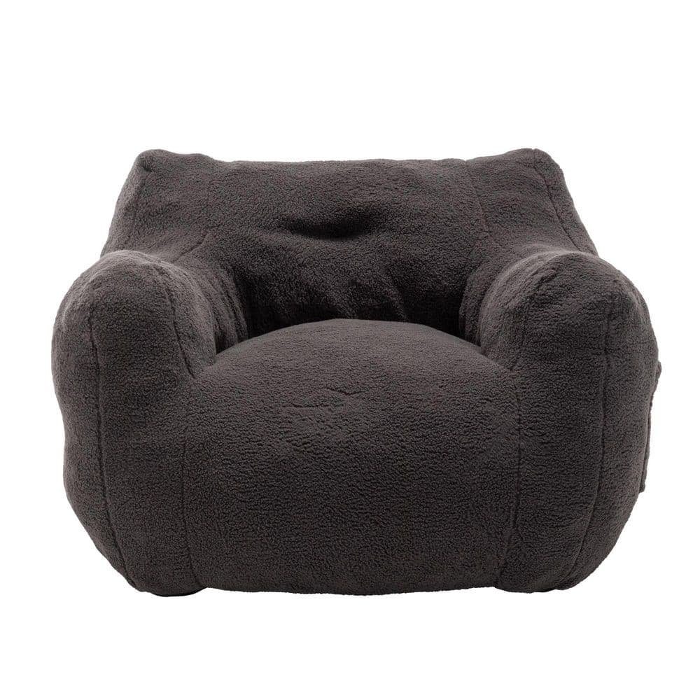 Dark Gray Teddy Fabric Bean Bag, Floor Sofa Chair with Armrests, Memory Foam Filled Lounge Chair