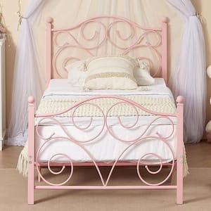 Bed Frame Twin Size Bed Mattress Foundation Support with Headboard and Footboard Metal Platform Bed, Pink