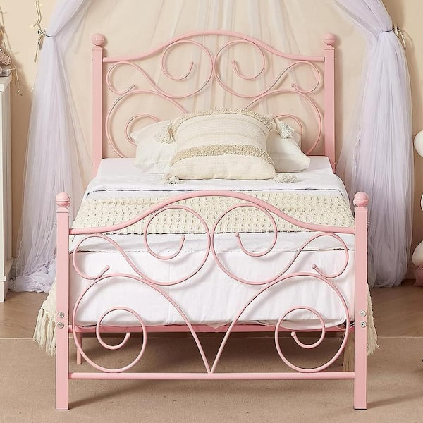 VECELO Bed Frame Twin Size Bed Mattress Foundation Support with Headboard and Footboard Metal Platform Bed, Pink