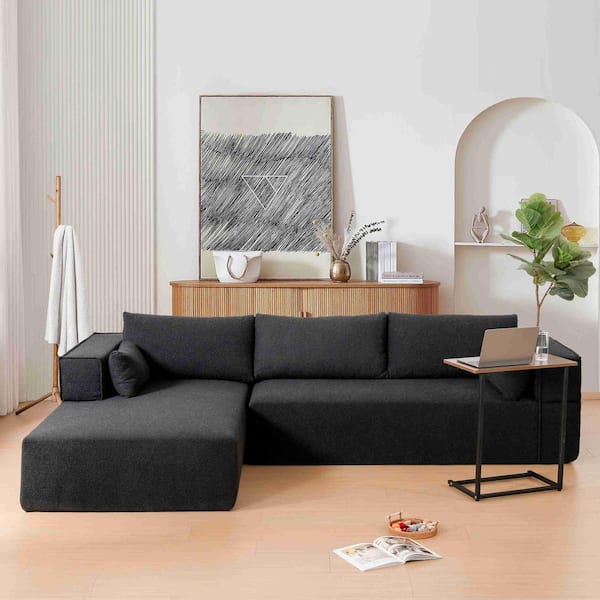 112 in. Square Arm Fabric Sectional Sofa with Free Side Table, Wide Seat in. Black