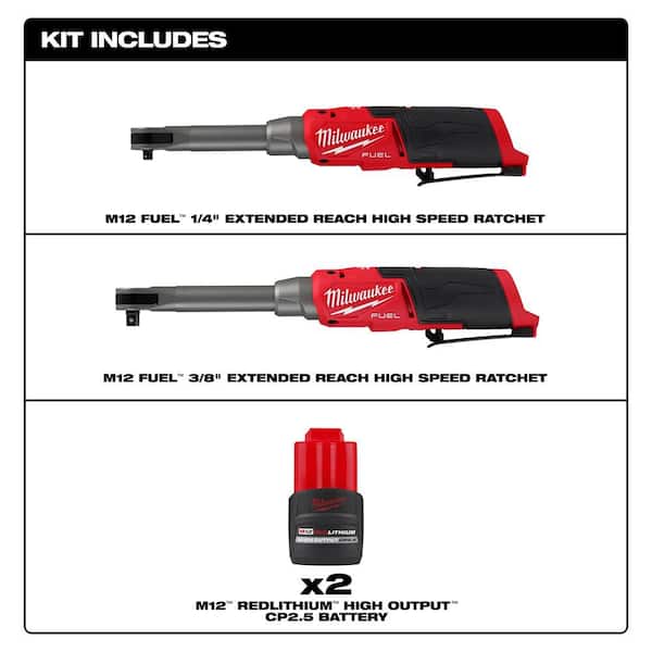 M12 FUEL 12V Lithium-Ion Brushless Cordless 1/4 in. & 3/8 in. Extended Reach Ratchets w/(2) M12 CP 2.5 Ah Batteries
