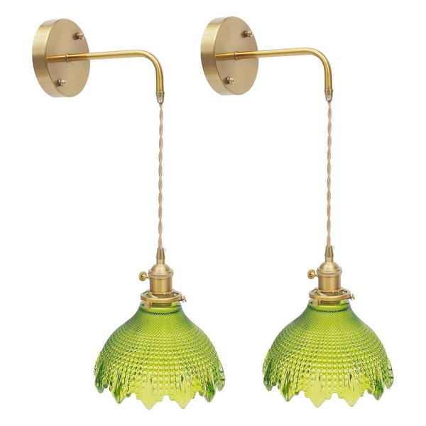 7.48 in. 1-Light Gold Modern Wall Sconce with Green Flower-Shaped Glass Shade, No Bulbs Included (2 PCs)
