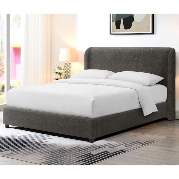 Furniture of America Birdie Gray Wood Frame King Platform Bed with Shelter Padded Headboard and Round Wood Legs