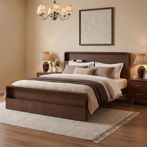Talorine Modern Walnut Brown Solid Wood Frame King Size Platform Bed with Dual Open Storage Headboard and Footboard