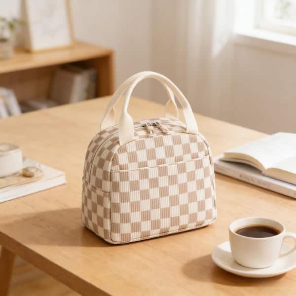 10.6 in. Reusable Insulated Cute Corduroy Lunch Bag Cooler for Work Picnic or Travel, Checkered Brown