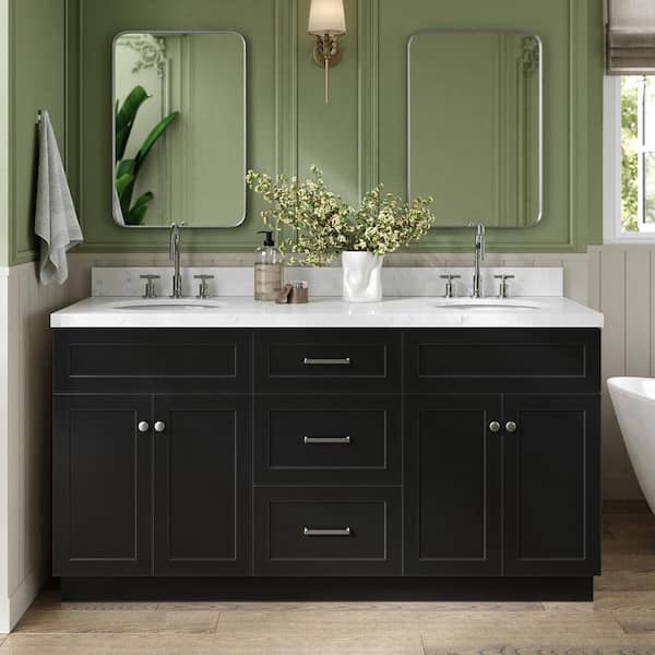 Hamlet 66 in. W x 22 in. D x 36 in. H Double Sink Freestanding Bath Vanity in Black with Carrara White Quartz Top