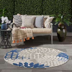 Aloha Ivory/Navy 4 ft. x 4 ft. Round Floral Modern Indoor/Outdoor Patio Area Rug