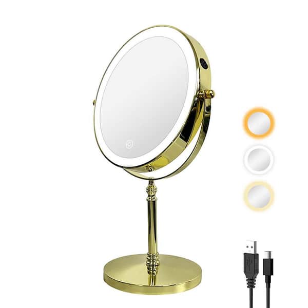 Tileon 8 in. W x 8 in. H Round 1x/10x Magnifying Lighted Bathroom Makeup Mirror with Built-in Battery and Type-C in Gold