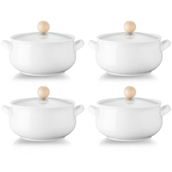 4-Piece White Ceramic Soup Bowls Set with Double Handles Glass Lids Oven Safe French Onion Chili Stew Crocks