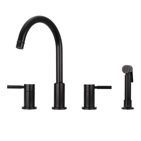 Akicon Double Handle Deck Mount Standard Kitchen Faucet in Matte Black with Side Spray