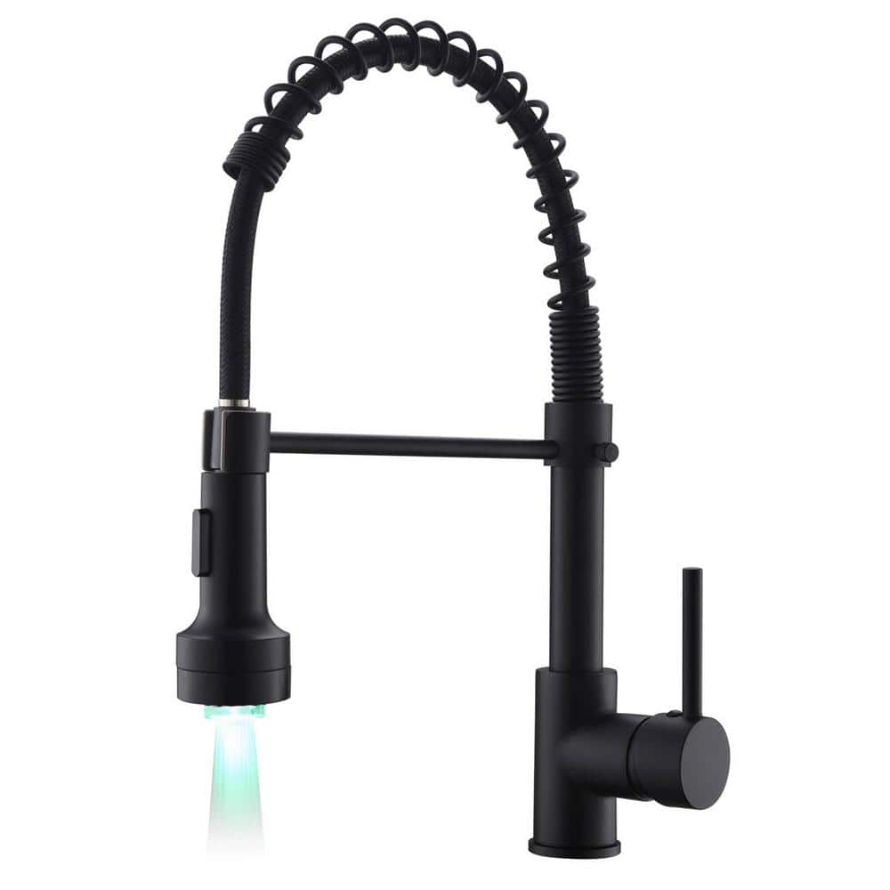 Single Handle LED Pull Down Sprayer Kitchen Faucet with Advanced Spray Spring 1 Hole Kitchen Sink Faucets in Matte Black -  AIMADI, KI-0052-MB