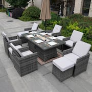 Amanda Gray Plus 10-Piece Wicker Patio Fire Pit Conversation Sofa Set with Beige Cushions