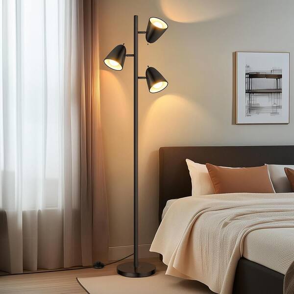 64 in. Black 3-Light Tree Floor Lamp with 3 Bulbs Included Lamp