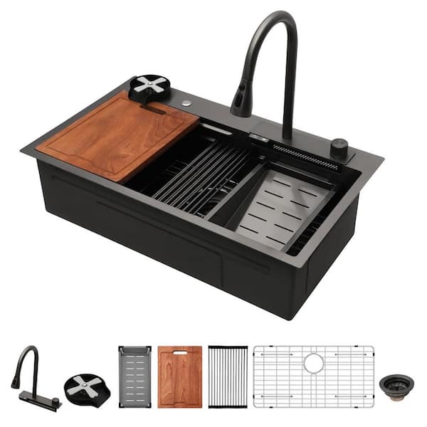 33 x 19 in. Drop-In Single Bowl 16 Gauge Gunmetal Black Stainless Steel Workstation Kitchen Sink with Waterfall Faucet