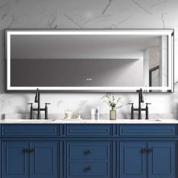waterpar 118 in. W x 36 in. H Rectangular Framed Anti-Fog LED Wall Bathroom Vanity Mirror in Black with Backlit and Front Light