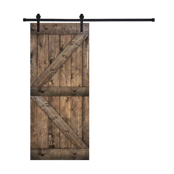 Akicon Paneled 24 in. x 84 in. 9-Panel Jacobean-K2 British K Brace Wood Sliding Door