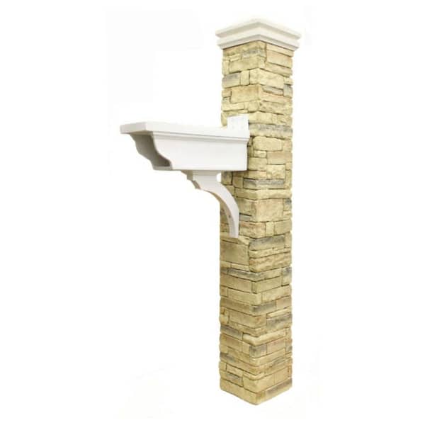 Eye Level Beige Stacked Stone Newspaper Holder and Curved Cap Mailbox Post