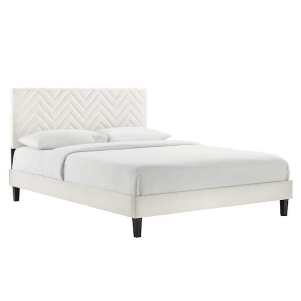 MODWAY Leah Chevron Tufted White Performance Velvet Frame Twin Platform Bed with Padded Headboard