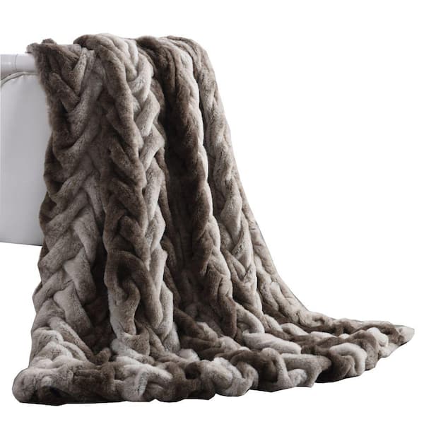 THE URBAN PORT Eus Brown and Gray Faux Fur Braided Reverse Flannel Throw