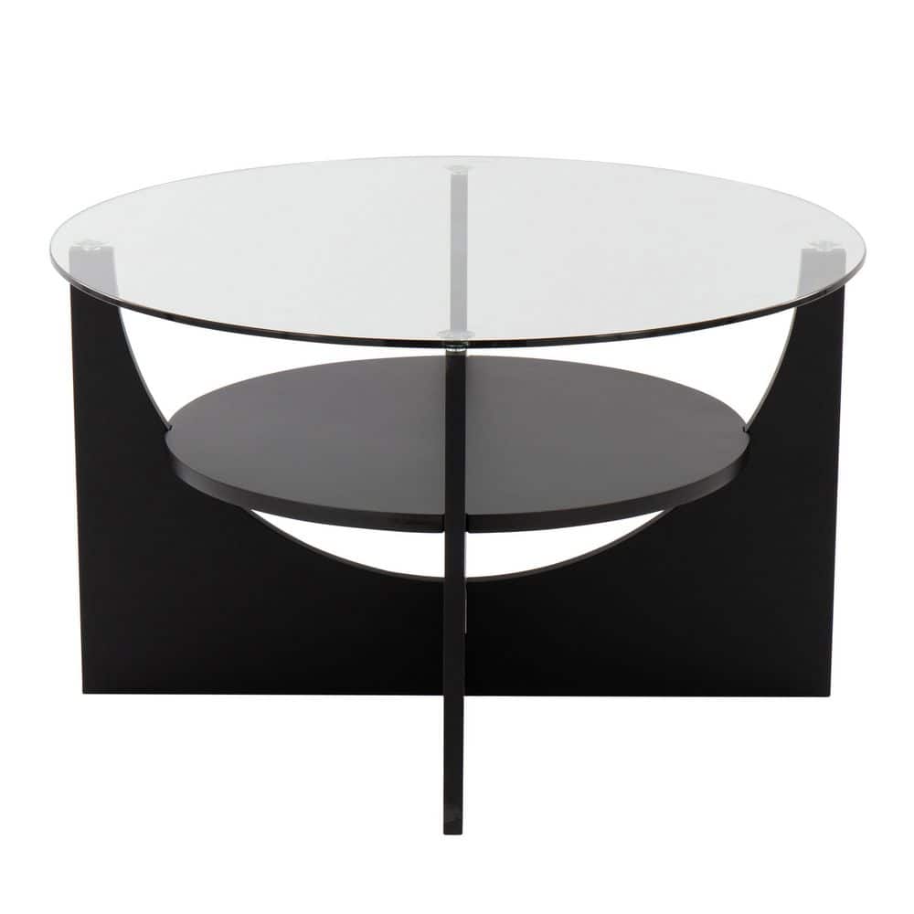 34" Circular Black Wood & Clear Glass Coffee Table with Storage Shelf