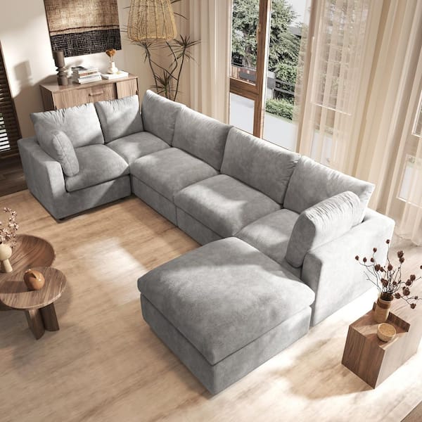 134 in. Square Arm Chenille 6-Piece Modular Free Combination Convertible Sectional Sofa with Movable Covers in Gray