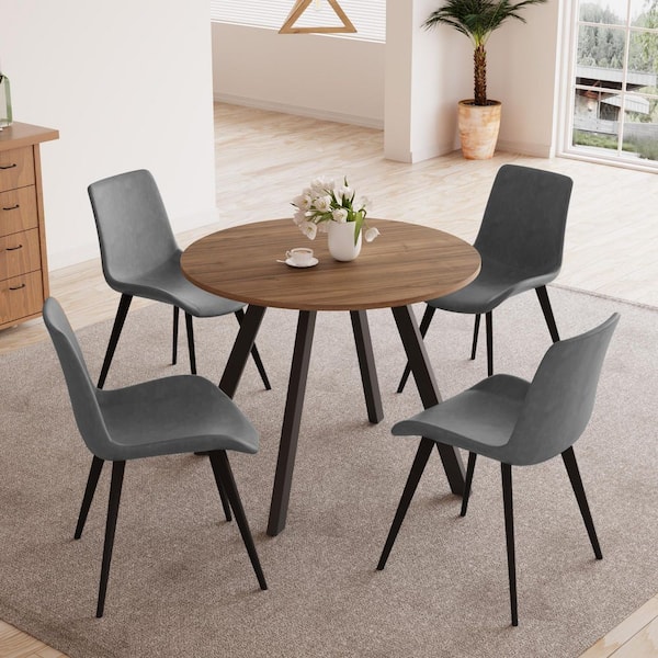 GOJANE 5-Piece 34.6 in. Modern Round Dining Table with 4-Dining Chairs(Walnut Table Plus 4-Grey Chairs)