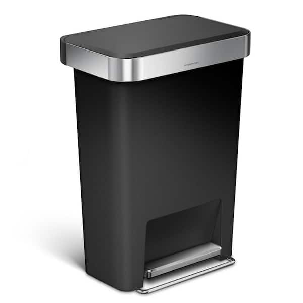 45L Rectangular Liner Rim Step Kitchen Trash Can, Black Plastic