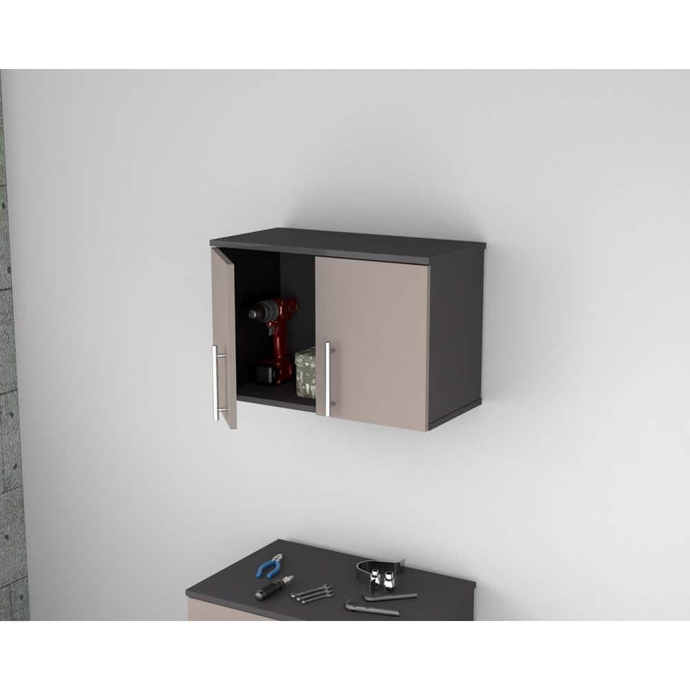Taupe and Dark Gray Wall Mounted Storage Cabinet with Metal Handles