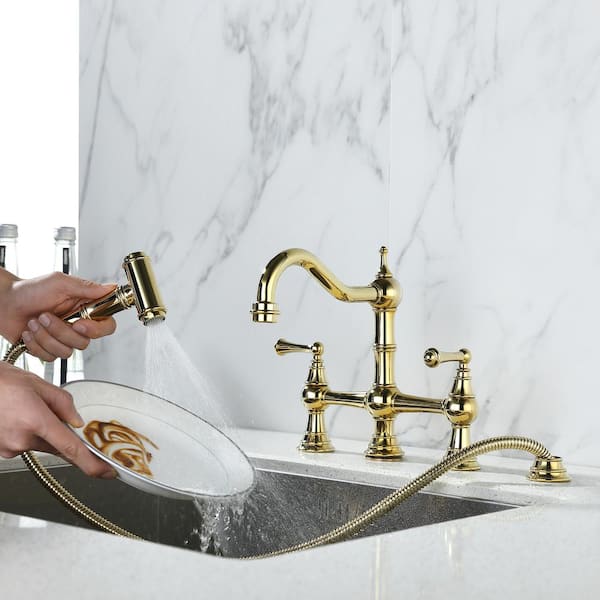 UPIKER Double Handle 360° Swivel Spout Bridge Kitchen Faucet in Brushed Gold