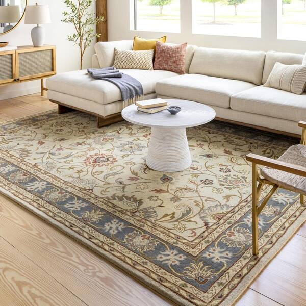 4' x 6' Grey Charcoal Gold Brown Ivory Pale Sage and Light Blue Oriental Printed Stain Resistant Non Skid Area Rug